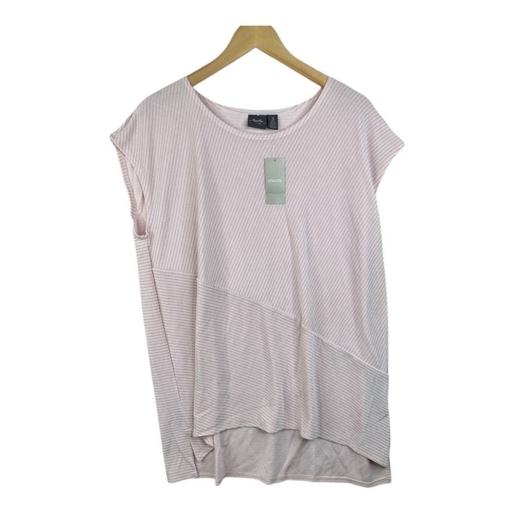 Chicos Size 3 Travelers Sleeveless Tunic Women's Pink Metallic Striped Hi-Low